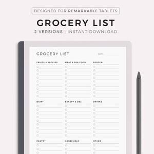 May include: A printable grocery list template designed for use with a Remarkable tablet. The list is divided into categories such as fruits and veggies, meat and seafood, frozen, dairy, bakery and deli, drinks, pantry, household, and other. Each category has a column of checkboxes for listing items.