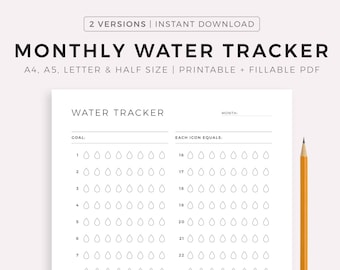 Rastreador de agua mensual imprimible, 31 Day Water Challenge, Hydration Tracker, Water İntake, Drink Water Reminder, A4/A5/Letter/Half Size