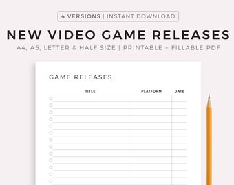 New Video Game Releases, Games Comming Soon, New Games Tracker, Games to Play, A4/A5/Letter/Half Size, Instant Download PDF