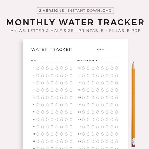 Monthly Water Tracker Printable, 31 Day Water Challenge, Hydration Tracker, Water İntake, Drink Water Reminder, A4/A5/Letter/Half Size