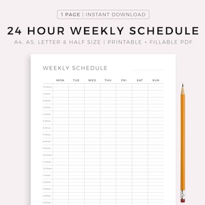 24-Stunden-Wochenplan, Woche auf einen Blick, Wochenagenda, Wochenplaner druckbare PDF, wöchentliche Aufgabenliste, A5/A4/Letter/Half Letter