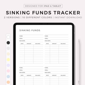 May include: A digital planner template for tracking sinking funds. The template has two columns with sections for fund name, goal, due date, date, amount, and balance. The template is designed for iPad and tablet use and is available in 10 different colours.