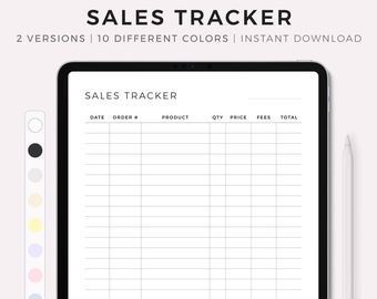 May include: A digital sales tracker template for iPad and tablet. The template has columns for date, order number, product, quantity, price, fees, and total. The template is available in 10 different colors.