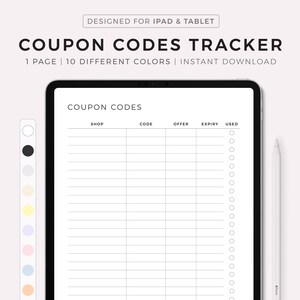 May include: A digital planner template for tracking coupon codes. The template has columns for shop, code, offer, expiry, and used. The template is designed for iPad and tablet and is available in 10 different colors.