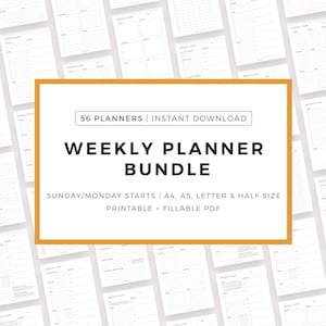 Könnte beinhalten: Ein digitales Download-Paket mit 56 druckbaren Wochenplanvorlagen. Die Planer sind in vier Größen erhältlich: A4, A5, Letter und Half Size. Der Text "56 Planners | Instant Download" und "Weekly Planner Bundle" wird in einem gelben Rechteck angezeigt. Der Text "Sunday/Monday Starts | A4, A5, Letter & Half Size" und "Printable + Fillable PDF" wird unterhalb des Rechtecks angezeigt.