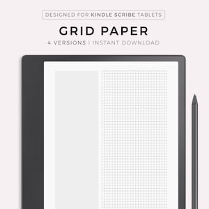 May include: A black and gray Kindle Scribe tablet with a blank white page on the left side of the screen and a grid pattern on the right side of the screen. The tablet is on a white background. The text "DESIGNED FOR KINDLE SCRIBE TABLETS" is at the top of the image. The text "GRID PAPER" is below the first line of text. The text "4 VERSIONS | INSTANT DOWNLOAD" is below the second line of text. The text "MADE BY MYLIFEPLANS ON ETSY" is at the bottom of the image.