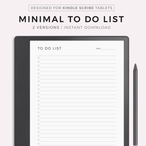 Op de afbeelding: Een zwart-witte to-dolijst sjabloon ontworpen voor Kindle Scribe tablets. De sjabloon heeft een eenvoudig ontwerp met een titel, een datumveld en regels om taken op te schrijven. De tekst "Minimal To Do List" en "2 Versies | Direct downloaden" wordt bovenaan de sjabloon weergegeven.