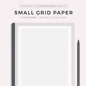Peut inclure: Une feuille de papier quadrillé blanc conçue pour être utilisée avec une tablette Remarkable. Le papier est affiché sur une tablette grise avec un stylet noir à côté. Le texte "DESIGNED FOR REMARKABLE TABLETS" est en haut de l'image. Le texte "SMALL GRID PAPER" est sous la première ligne de texte. Le texte "3 VERSIONS | INSTANT DOWNLOAD" est sous la deuxième ligne de texte. Le texte "MYLIFEPLANE" est en bas du papier. Le texte "MADE BY MYLIFEPLANS ON ETSY" est en bas de l'image.