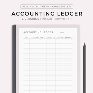 Può includere: Un modello di libro mastro contabile stampabile in bianco e nero progettato per l'uso con un tablet Remarkable. Il modello include colonne per data, descrizione, credito, debito e saldo.