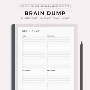 Puede incluir: Un planificador de volcado de cerebro imprimible para un bloc de notas digital. El planificador está dividido en cuatro secciones: Hoy, Mañana, Esta semana y La próxima semana. Cada sección tiene una lista de verificación de líneas en blanco para escribir ideas y tareas.