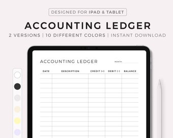 Accounting Ledger, Small Business Bookkeeping, Log for Credit and Debits, Accounting Book, Tablet iPad Digital Template, Instant Download