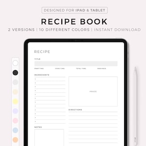 Puede incluir: Una plantilla de receta digital para iPad y tableta. La plantilla tiene secciones para el título, el tiempo de preparación, el tiempo de cocción, el tiempo total, las porciones, los ingredientes, las instrucciones, las notas y una imagen. La plantilla está diseñada en un estilo minimalista con un fondo blanco y texto negro.
