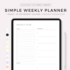 Peut inclure: Un modèle de planificateur hebdomadaire numérique pour iPad et tablette. Le modèle présente un design simple avec une liste de tâches, une section de notes et un horaire pour chaque jour de la semaine. Le modèle est disponible en 10 couleurs différentes.