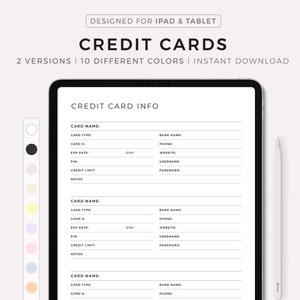 Suivi numérique des cartes de crédit, Liste des cartes de crédit, Informations sur le compte de carte de crédit, Compatible avec Goodnotes, Notability, Ipad, Téléchargement instantané