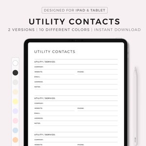 May include: A digital planner template for iPad and tablet with the title "Utility Contacts". The template has three sections for utility contacts, each with fields for company, website, email, address, phone, and notes.