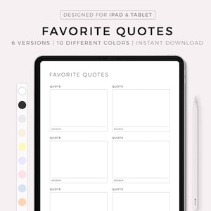 Puede incluir: Página de planificador digital imprimible para iPad y tableta con fondo blanco y texto negro. La página se titula "Citas favoritas" y tiene cuatro secciones para escribir citas y sus fuentes.