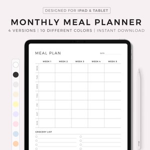 Planificador de comidas mensual digital, planificador de menús de 30 días, planificador de comidas, salud y bienestar, compatible con Goodnotes, Notability y Noteshelf