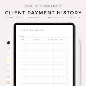 Puede incluir: Una plantilla de planificador digital para iPad y tableta, titulada "Historial de pagos de clientes". La plantilla está diseñada para realizar un seguimiento de los pagos de los clientes, con columnas para la fecha, el servicio, el importe, las tarifas y el total. La plantilla está disponible en 10 colores diferentes.