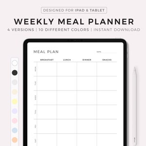 Planification numérique de repas hebdomadaires, planificateur de menus sur 7 jours, planificateur de préparation de repas, planificateur d'aliments, santé et forme, compatible avec Goodnotes, Notability