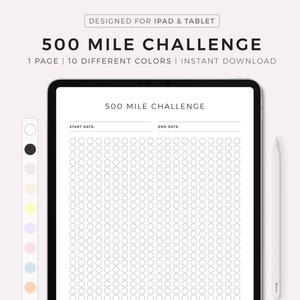 May include: Printable 500 mile challenge tracker for iPad and tablet. The tracker has a grid of circles to colour in as you reach your goal. It includes a space for start and end dates and a reward section.