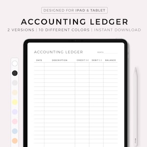Pode incluir: Um modelo de livro-razão de contabilidade digital para iPad e tablet. O modelo tem colunas para data, descrição, crédito, débito e saldo. O modelo é projetado para ser usado com uma caneta.