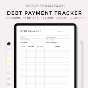 May include: A digital debt payment tracker template for iPad and tablet. The template has sections for creditor, interest rate, account number, start balance, minimum payment, goal payoff date, date, amount, balance, and notes. The template is designed for use with a stylus.