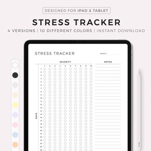 Könnte beinhalten: Ein druckbarer Stress-Tracker für iPad und Tablet. Der Tracker verfügt über ein Raster mit Kreisen für jeden Tag des Monats, mit einer Schweregradskala von 1 bis 10. Es gibt auch einen Notizbereich, um Gedanken oder Gefühle aufzuschreiben.