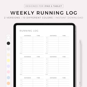Può includere: Un modello di planner digitale per tenere traccia dei progressi di corsa settimanali. Il modello ha tre sezioni per registrare la distanza e il tempo per ogni giorno della settimana. Il modello è progettato per l'uso su un iPad o tablet.