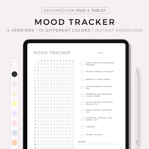 Könnte beinhalten: Ein digitaler Stimmungs-Tracker für iPad und Tablet. Der Tracker verfügt über ein Kalenderraster mit Kontrollkästchen für jeden Tag des Monats. Es gibt 10 verschiedene Stimmungsoptionen zur Auswahl, darunter wütend, ängstlich, ruhig, depressiv, glücklich und gestresst. Der Tracker enthält auch einen Notizbereich für zusätzliche Gedanken oder Gefühle.