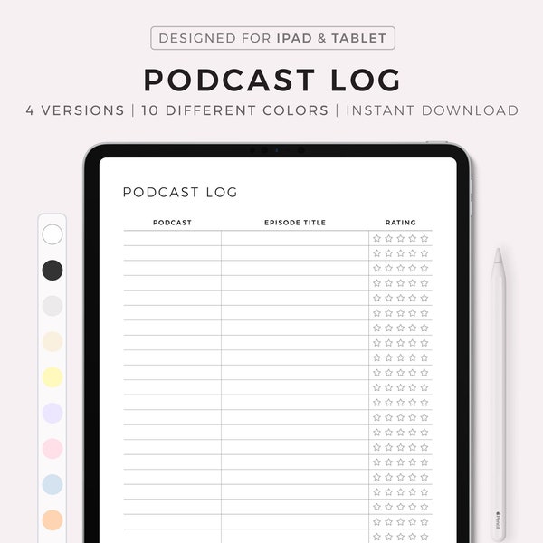 Digital Podcast Log, Podcast Episode Tracker, Podcast Template, Tablet & iPad Template for Goodnotes, Notability, Noteful, Instant Download