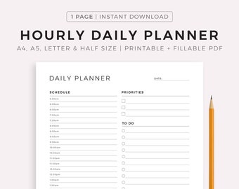 Hourly Daily Planner Printable, Productivity Planner, Daily To Do List, Undated Planner Inserts, Hourly Schedule, A5/Half Size/A4/Letter