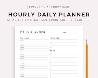 Planificateur quotidien horaire imprimable, planificateur de productivité, liste de tâches quotidiennes, inserts de planificateur non datés, horaire horaire, A5/demi-taille/A4/lettre