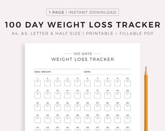 Suivi de perte de poids de 100 jours imprimable, défi de perte de poids, objectif de perte de poids, parcours de perte de poids, A4/A5/Letter/Half, Téléchargement instantané PDF