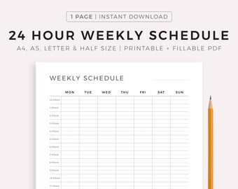 24 Hour Weekly Schedule, Week At a Glance, Weekly Agenda, Weekly Planner Printable PDF, Weekly To Do List, A5/A4/Letter/Half Letter