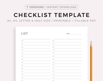 Blank Checklist Template Printable & Fillable, Simple Checklist Template, A4/A5/Letter/Half, Instant Download PDF