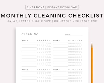 Monthly Cleaning Checklist, Printable Cleaning Template, Cleaning Planner, Cleaning To Do List, A4/A5/Letter/Half Size, Instant Download PDF