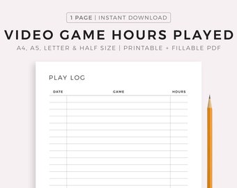 Video Game Hours Played Tracker Printable & Fillable PDF, A4/A5/Letter/Half Size, Instant Download