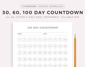 30, 60, 100 Day Countdown Tracker to Vacation, Birthday, Wedding, New Year, Cruise, Retirement, ect.. A4/A5/Letter/Half, Instant Download