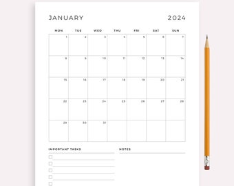 2024 Monthly Planner on One Page, Monthly Organizer, Monthly Agenda, Month at a Glance, Printable & Fillable, A4/A5/Letter/Half
