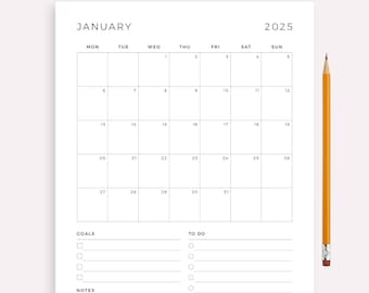 2025 Monthly Goal Planner, Monthly To Do List, Monthly Organizer, Monthly Agenda, Month at a Glance, Printable & Fillable, A4/A5/Letter/Half
