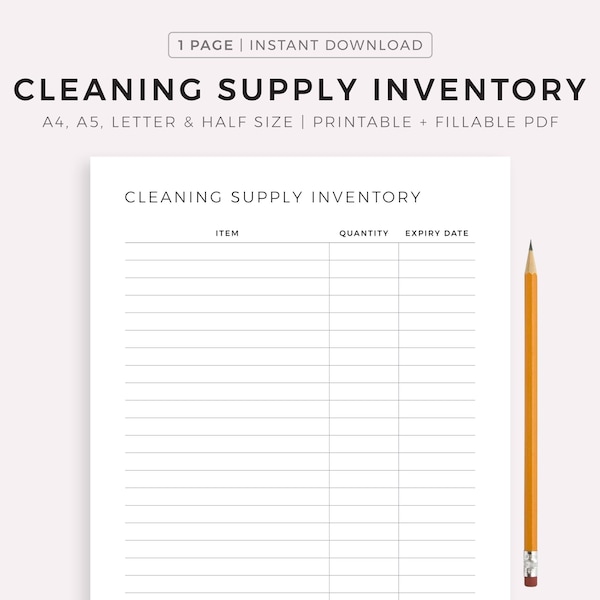 Printable Cleaning Supply Inventory Tracker for Home or Work - Sponges, Paper towels, Rags, Trash bags, Gloves, Sprays, ect...