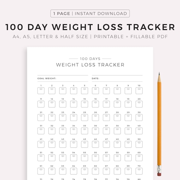 100 Day Weight Loss Tracker Printable, Weight Loss Challenge, Weight Loss Goal, Weight Loss Journey, A4/A5/Letter/Half, Instant Download PDF