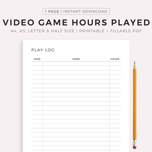 ビデオゲームのプレイ時間トラッカー、印刷可能で記入可能な PDF、A4/A5/レター/ハーフサイズ、即時ダウンロード