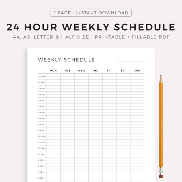 24 Hour Weekly Schedule, Week At a Glance, Weekly Agenda, Weekly Planner Printable PDF, Weekly To Do List, A5/A4/Letter/Half Letter