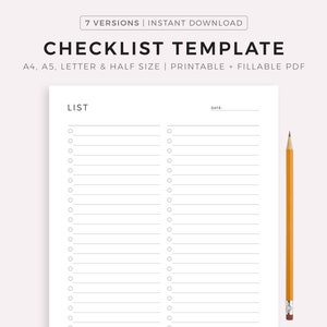 Blank Checklist Template Printable & Fillable, Simple Checklist Template, A4/A5/Letter/Half, Instant Download PDF image 1