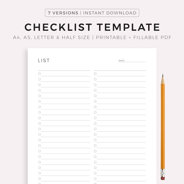 Blank Checklist Template Printable & Fillable, Simple Checklist Template, A4/A5/Letter/Half, Instant Download PDF