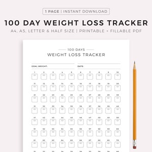 Afdrukbaar gewichtsverliestracker 100 dagen, gewichtsverliesuitdaging, gewichtsverliesdoel, gewichtsverliesreis, A4/A5/Letter/Half, pdf-bestand direct downloaden