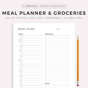 Planificateur de repas hebdomadaire avec modèle imprimable de liste de courses, plan de menus de 7 jours, planificateur de nourriture, planificateur de ménage, A4/A5/Letter/Half