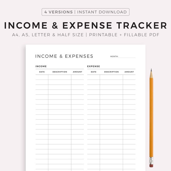 Income & Expense Tracker on One Page, Financial Planner Printable, Budget Planner, Money Tracker, A4/A5/Letter/Half Size, Instant Download