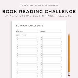 Book Reading Challenge Printable Template, Book Reading Tracker, Books to Read List, Book Journal, A4/A5/Letter/Half, Instant Download PDF